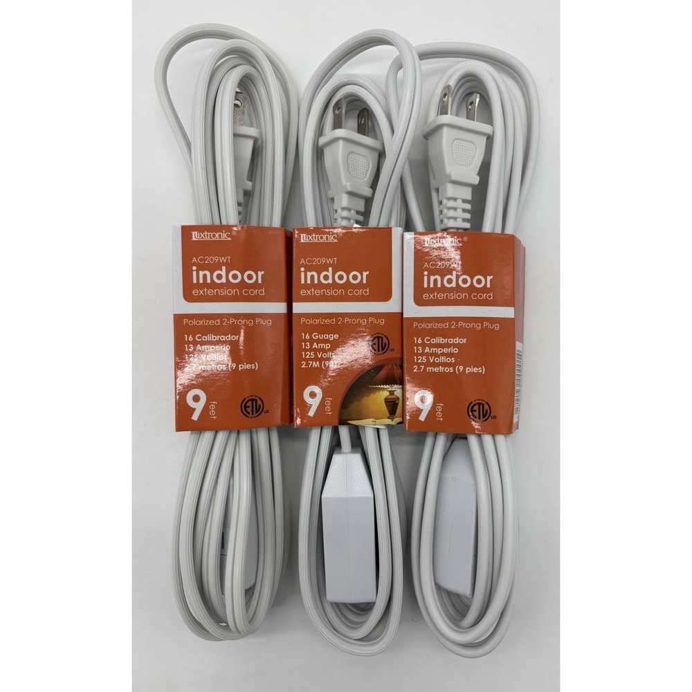 Tuxtronic Indoor Extension Cord 3-Pack (9ft, 16 Gauge, 2-Prong Polarized) White